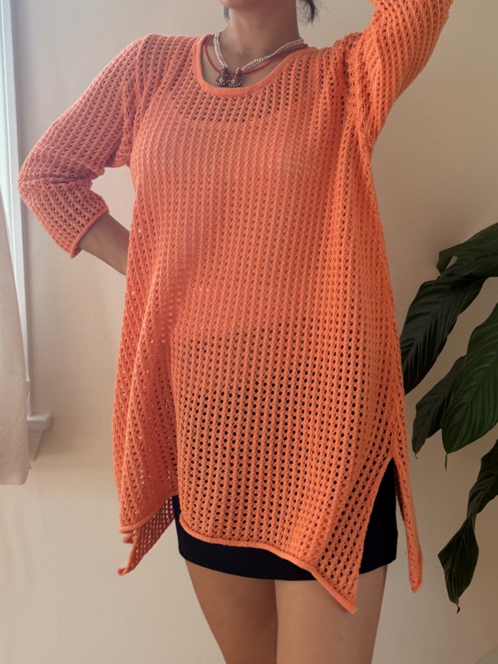 Jeanne Pierre 100% Cotton Open Knit Crochet Orange Top With Side Slits Size L - Picture 6 of 11